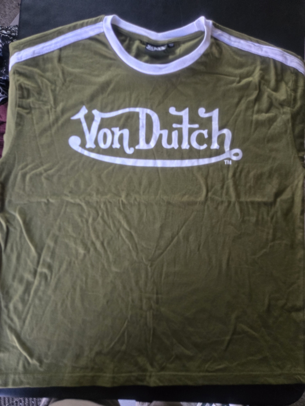 Von Dutch Olive Green Logo Ringer Tee with White Accents